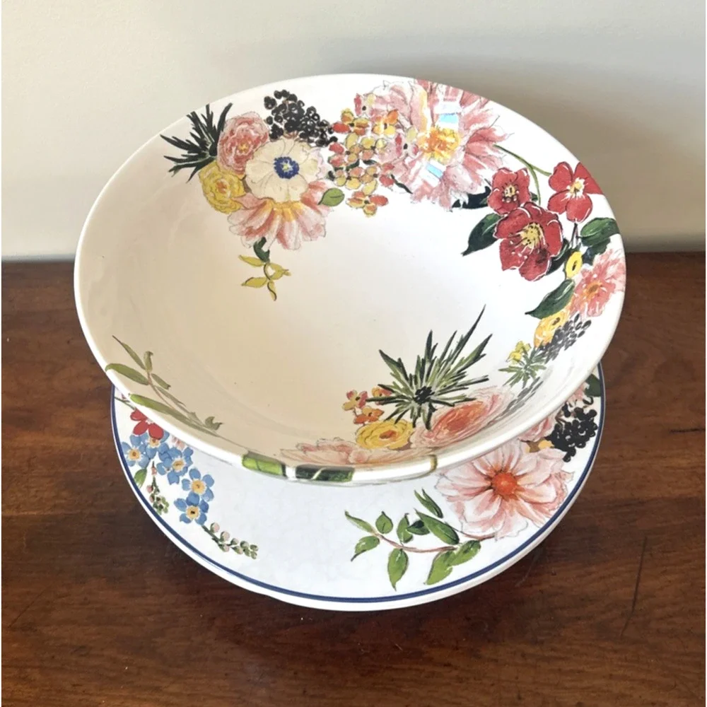 Pottery Barn Flora Floral Rim Cake Plate & Centerpiece Serving Fruit Bowl Easter